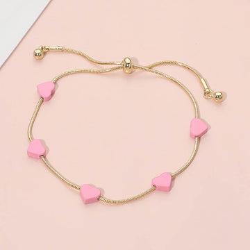 Madeline Love Gold, Pink Flat Heart Charm Station Adjustable Cinch Pull Tie Bracelet - Bracelets