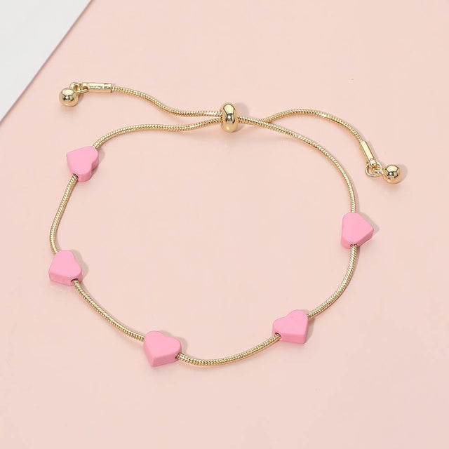 Madeline Love Gold, Pink Flat Heart Charm Station Adjustable Cinch Pull Tie Bracelet - Bracelets