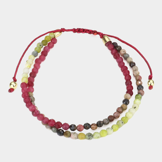 Madeline Love Wine Two Layer Semi Precious Stone Bead Adjustable Cinch Pull Tie Bracelet - Bracelets