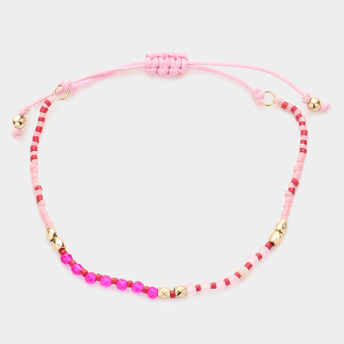 Beaded Adjustable Cinch Pull Tie Bracelet - Pink