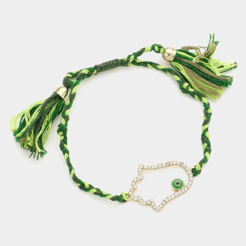 Evil Eye Pointed Hamsa Hand Cinch Pull Tie Bracelet - Green