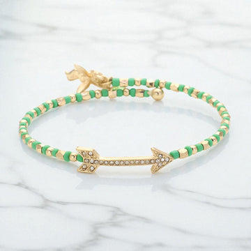 Madeline Love Gold, Green Stone Paved Arrow Pointed Cupid Charm Beaded Adjustable Bracelet - Bracelets
