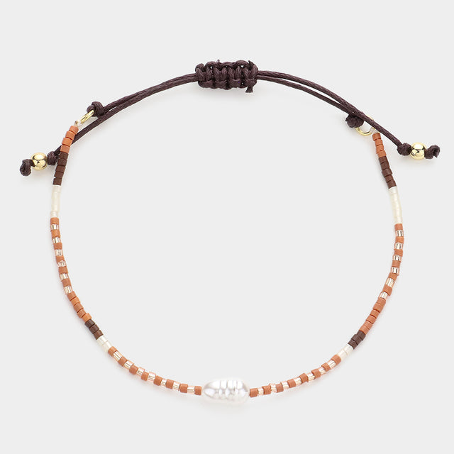 Madeline Love Beige Pearl Accented Beaded Cinch Pull Tie Bracelet - Bracelets