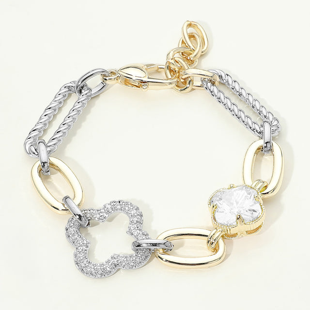 Madeline Love Clear, Gold 14K Gold Plated CZ Stone Double Clover Accent Oval Link Chain Bracelet