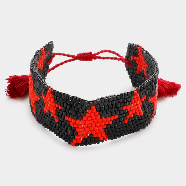 Madeline Love Black, Red Beaded Star Tassel Cinch Pull Tie Bracelet - Bracelets