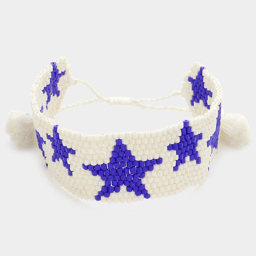 Beaded Star Tassel Cinch Pull Tie Bracelet - Blue
