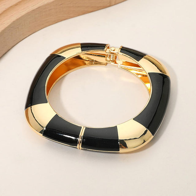 Madeline Love Black Bold Enamel Inlay Square Hinged Bangle Bracelet - Bracelets