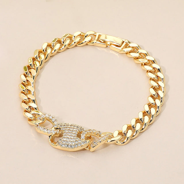 Madeline Love Gold CZ Stone Paved Mariner Link Charm Accent Cuban Link Chain Bracelet - Bracelets