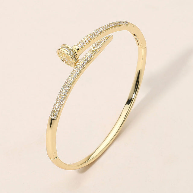 Madeline Love Gold CZ Stone Paved Nailhead Accent Hinged Bangle Bracelet - Bracelets
