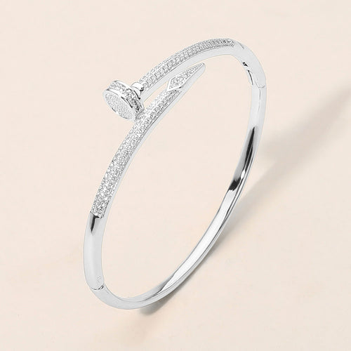 CZ Stone Paved Nailhead Accent Hinged Bangle Bracelet - Rhodium