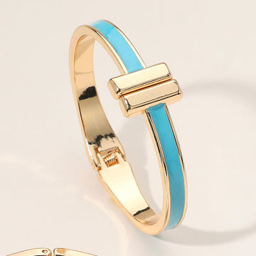 Madeline Love Gold, Turquoise Metal Bar Tip Enamel Hinged Bangle Bracelet - Bracelets