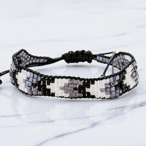 Chevron Pattern Cube Beaded Adjustable Cinch Pull Tie Bracelet - Black