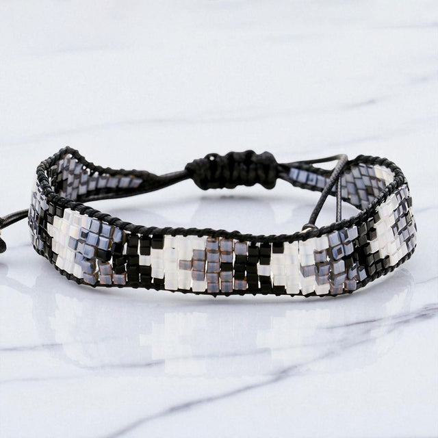 Madeline Love Black Chevron Pattern Cube Beaded Adjustable Cinch Pull Tie Bracelet - Bracelets