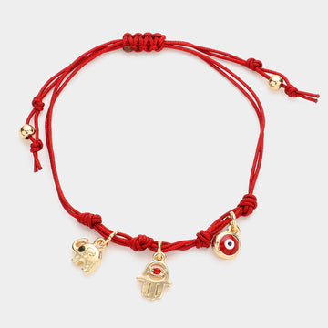 Madeline Love Red Elephant Hamsa Hand Evil Eye Charm Pull Tie Cinch Bracelet - Bracelets