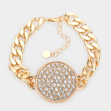 Madeline Love Gold Rhinestone Embellished Circle Pendant Metal Link Bracelet - Bracelets