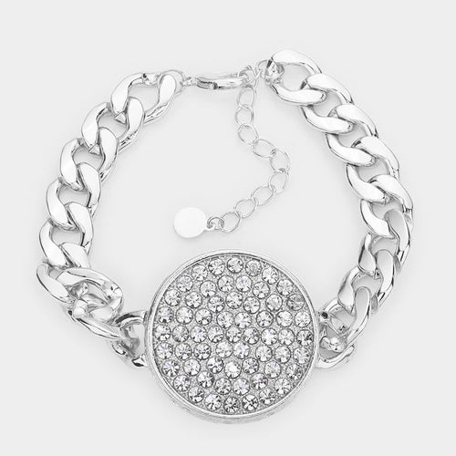 Rhinestone Embellished Circle Pendant Metal Link Bracelet - Rhodium