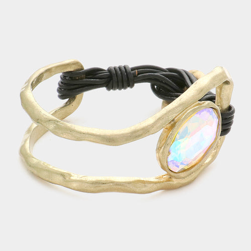 Oval Crystal Accented Hammered Metal Toggle Bracelet - AB