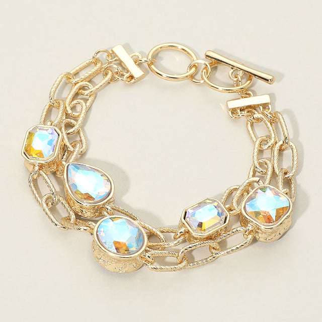 Madeline Love AB Faceted Oval Teardrop Rectangular Stone Cluster Link Metal Chain Layered Bracelet