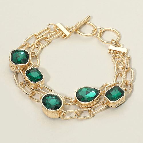 Faceted Oval Teardrop Rectangular Stone Cluster Link Metal Chain Layered Bracelet - Green