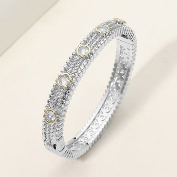 Madeline Love Clear 14K Gold Plated CZ Bezel Station Accent Textured Hinged Bangle Bracelet - Bracelets