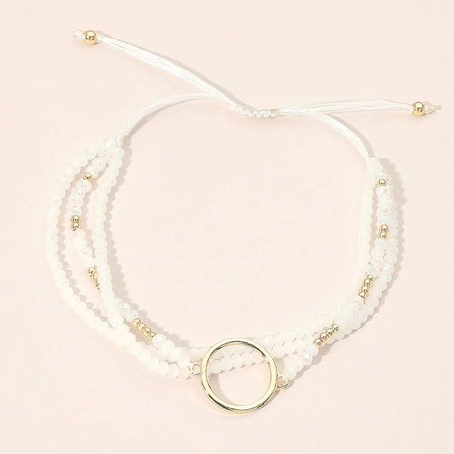 Madeline Love Gold, White Metal Ring Accent Faceted Beaded Layered Adjustable Cinch Pull Tie Bracelet