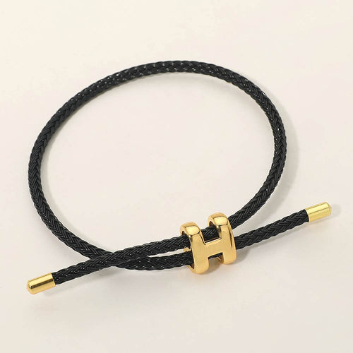 H Monogram Charm Accent Braided Cord Adjustable Slide Bracelet - Black