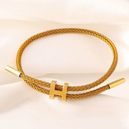 H Monogram Charm Accent Braided Cord Adjustable Slide Bracelet - Brown