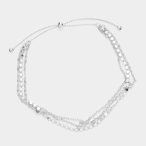 Round Stone Link Triple Layered Pull Tie Bracelet - Rhodium
