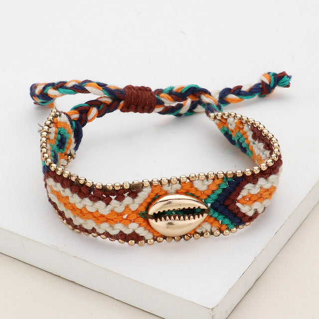 Multi, Orange Metal Puka Shell Pointed Aztec Pattern Threaded Adjustable Cinch Pull Tie Bracelet