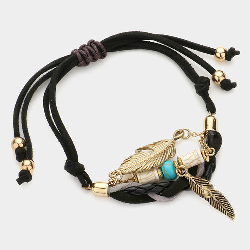 Natural stone metal feather charm faux suede cinch bracelet - Black, Gold Burnished