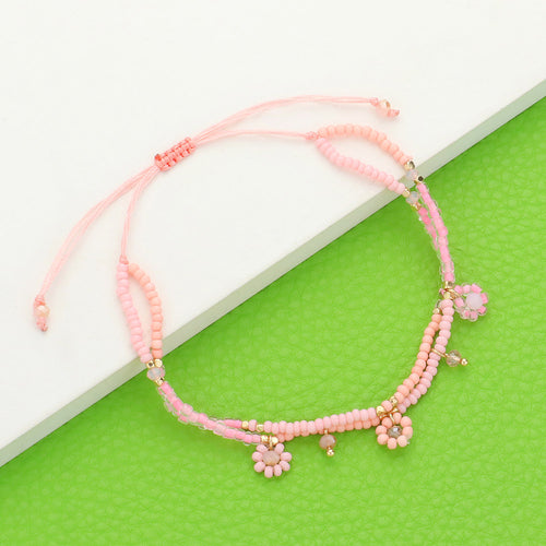 Flower Beaded Cinch Pull Tie Bracelet - Gold, Pink