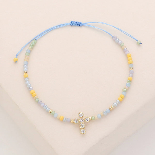 Madeline Love Gold, Multi CZ Stone Pointed Cross Pendant Faceted Beaded Cinch Pull Tie Bracelet - Bracelets
