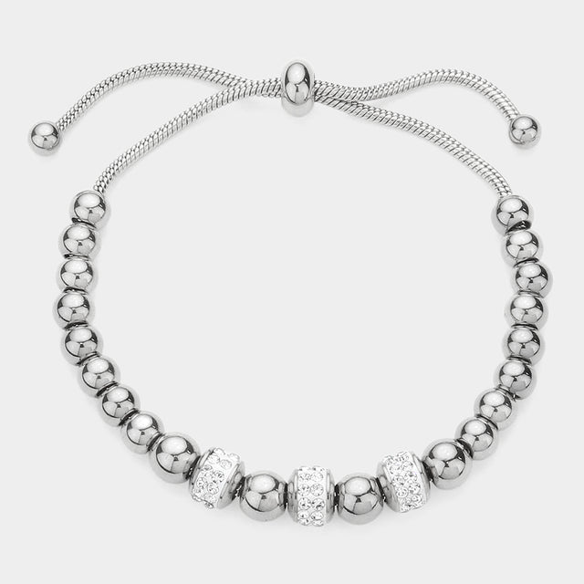 Madeline Love Rhodium Stone Paved Bead Accented Metal Beaded Adjustable Pull Tie Bracelet - Bracelets