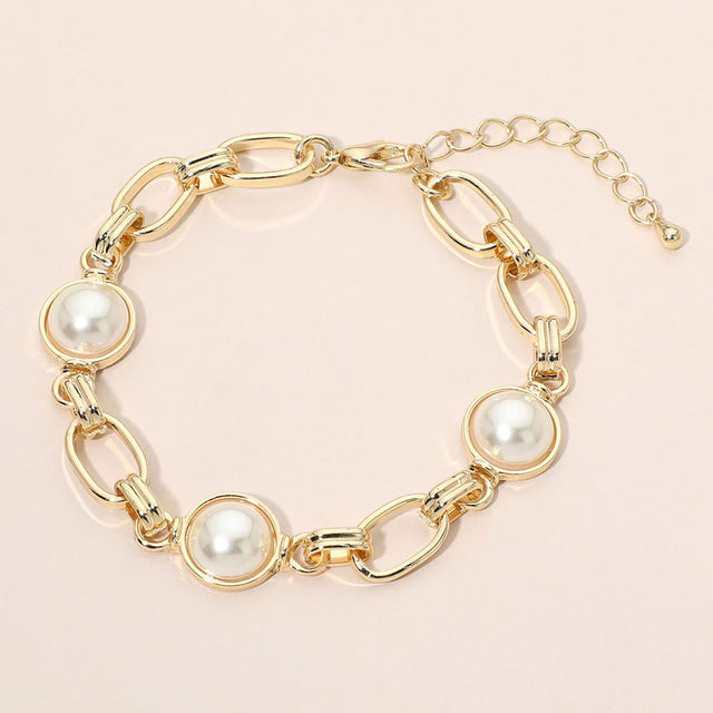 Madeline Love Cream, Gold Pearl Station Oval Chain Link Bracelet