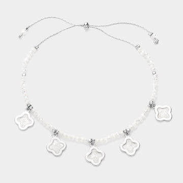 Madeline Love Cream, Rhodium Quatrefoil Bezel Station Beaded Adjustable Pull Tie Bracelet - Bracelets