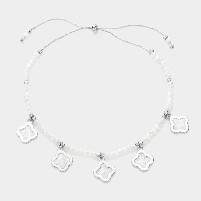 Madeline Love Cream, Rhodium Quatrefoil Bezel Station Beaded Adjustable Pull Tie Bracelet - Bracelets