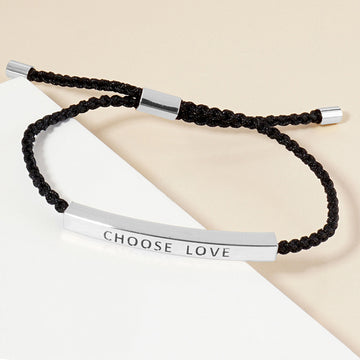 Madeline Love Rhodium White Gold Dipped CHOOSE LOVE Message Bar Pointed Rope Adjustable Cinch Pull Tie Bracelet - Bracelets