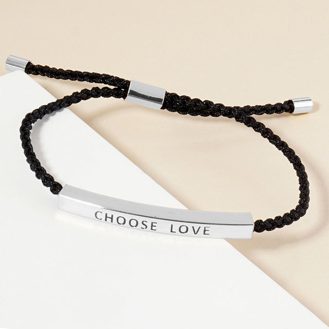 Madeline Love Rhodium White Gold Dipped CHOOSE LOVE Message Bar Pointed Rope Adjustable Cinch Pull Tie Bracelet - Bracelets