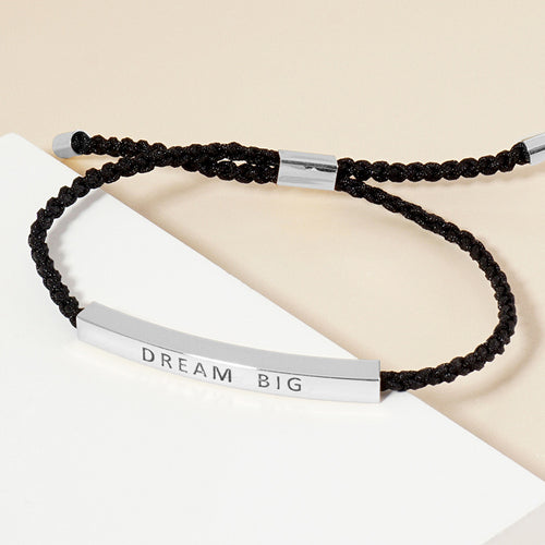 White Gold Dipped DREAM BIG Message Bar Pointed Rope Adjustable Cinch Pull Tie Bracelet - Rhodium
