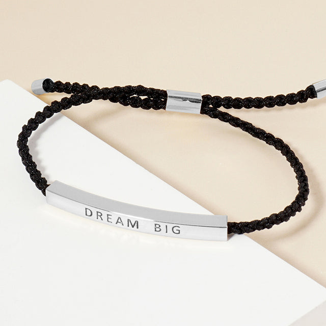 Madeline Love Rhodium White Gold Dipped DREAM BIG Message Bar Pointed Rope Adjustable Cinch Pull Tie Bracelet - Bracelets