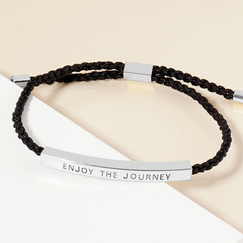 White Gold Dipped ENJOY THE JOURNEY Message Bar Pointed Rope Adjustable Cinch Pull Tie Bracelet - Rhodium