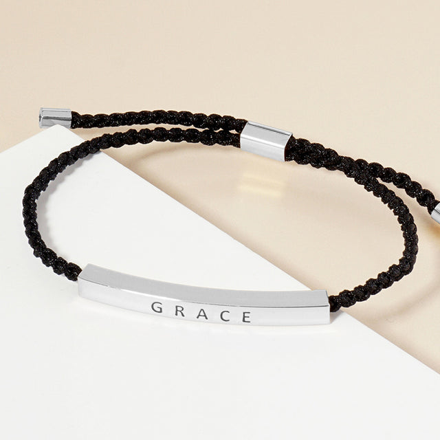 Madeline Love Rhodium White Gold Dipped GRACE Message Bar Pointed Rope Adjustable Cinch Pull Tie Bracelet - Bracelets