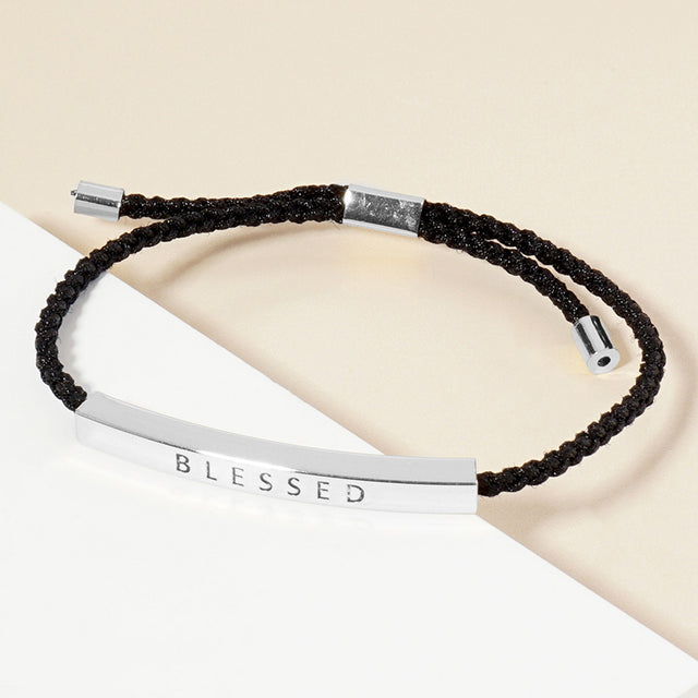 Madeline Love Rhodium White Gold Dipped BLESSED Message Bar Pointed Rope Adjustable Cinch Pull Tie Bracelet - Bracelets