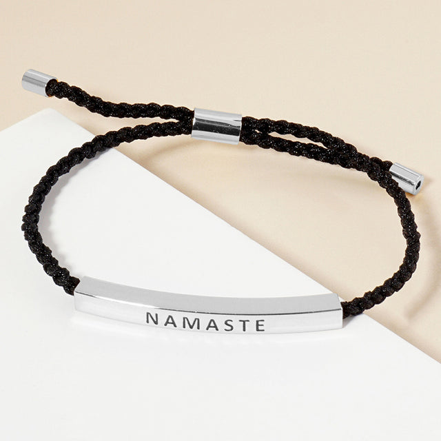 Madeline Love Rhodium White Gold Dipped NAMASTE Message Bar Pointed Rope Adjustable Bracelet - Bracelets