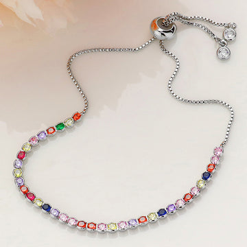 Madeline Love Multi, Silver Round CZ Stone Bezel Adjustable Pull Tie Bracelet - Bracelets