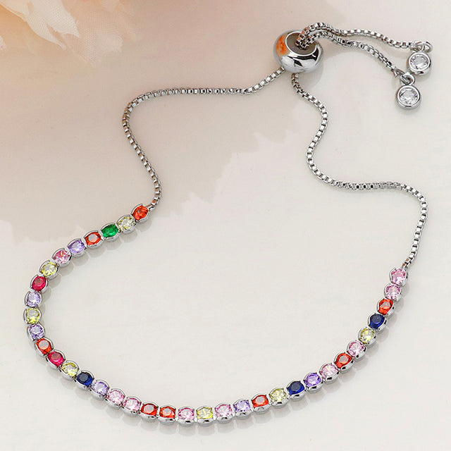 Madeline Love Multi, Silver Round CZ Stone Bezel Adjustable Pull Tie Bracelet - Bracelets