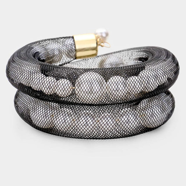 Madeline Love Black, White Mesh Tube Pearl Adjustable Bracelet - Bracelets