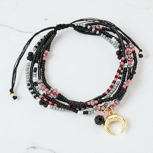 Double Horn Charm Multi-Strand Boho Beaded Adjustable Cinch Pull Tie Bracelet - Black, Gold