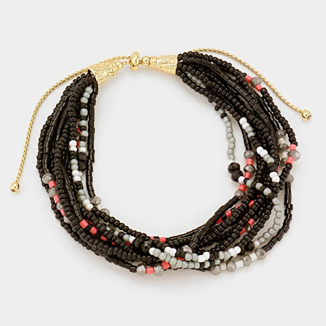 Madeline Love Black, Gold Multi-strand Boho Beaded Adjustable Pull Tie Bracelet - Bracelets