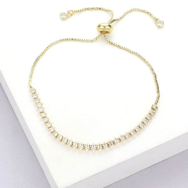 Madeline Love Gold Stainless Steel Marquise CZ Stone Tennis Chain Pull Tie Adjustable Bracelet - Bracelets